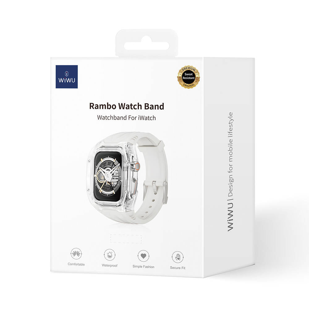 Apple Watch 44mm Wiwu Wi-WB013 Rambo Serisi 2in1 Şeffaf PC Kasa Koruyuculu Kauçuk Kordon Beyaz