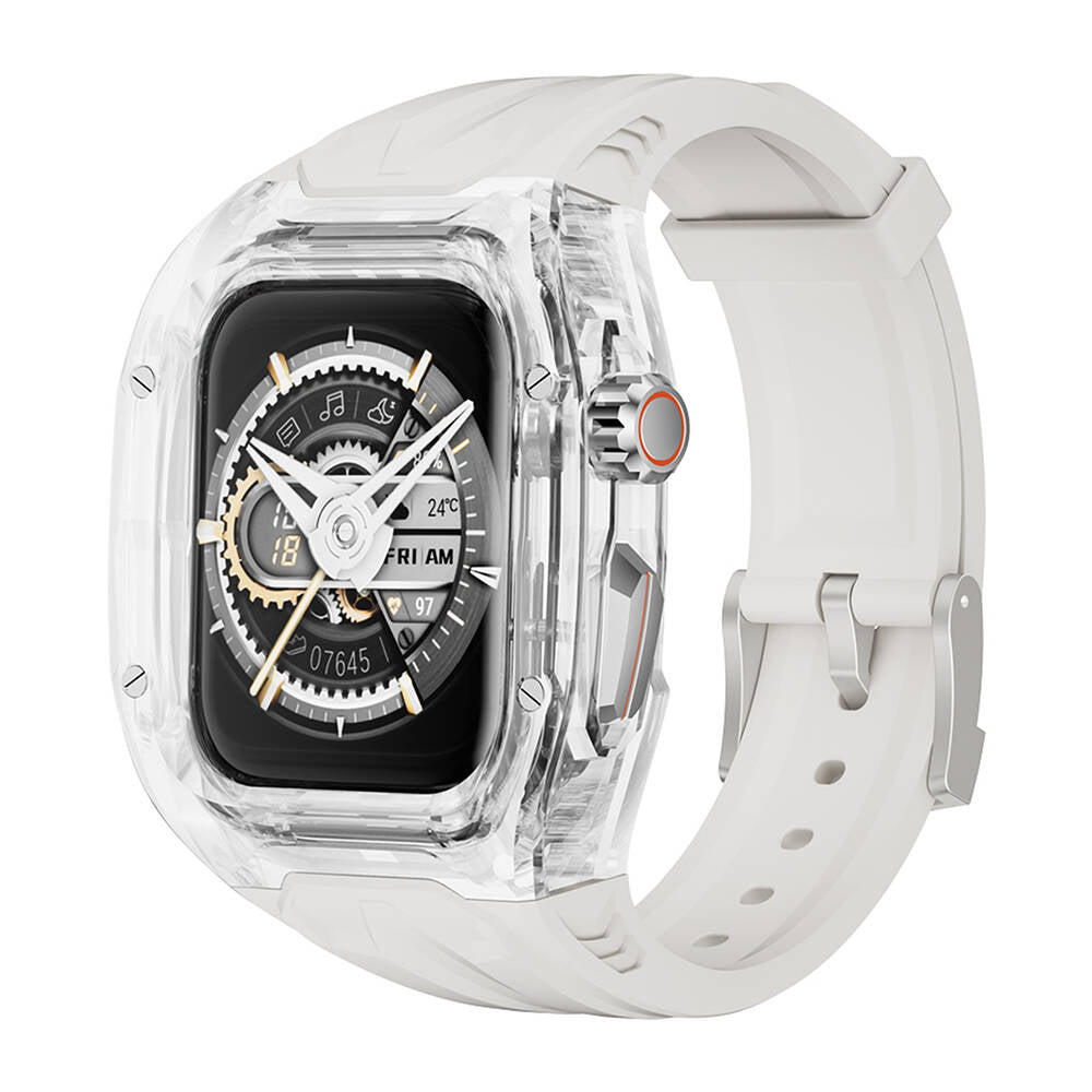 Apple Watch 44mm Wiwu Wi-WB013 Rambo Serisi 2in1 Şeffaf PC Kasa Koruyuculu Kauçuk Kordon Beyaz