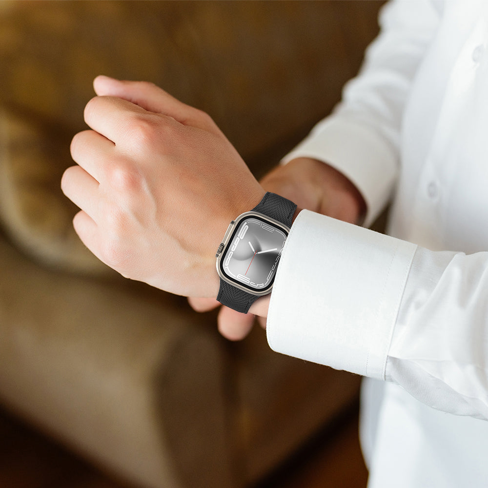 Apple Watch 7 41mm Amazingthing Titan Swift Deri Dokulu Silikon Kordon Gri