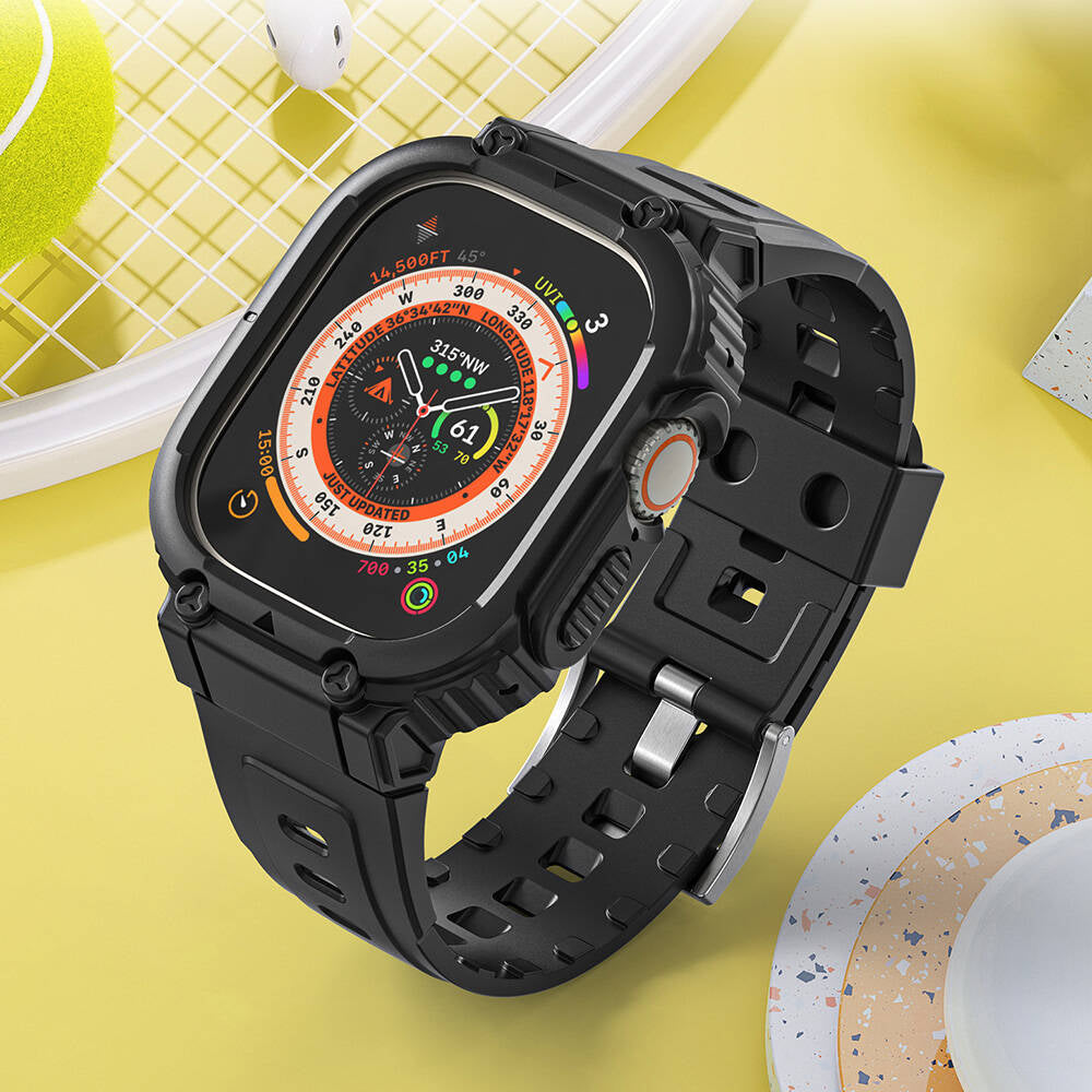 Apple Watch Ultra 49mm Wiwu Wi-WB014 Armor Serisi 2in1 Sert PC Kasa Koruyuculu Silikon Kordon Siyah