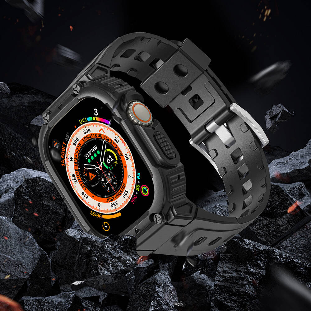 Apple Watch Ultra 49mm Wiwu Wi-WB014 Armor Serisi 2in1 Sert PC Kasa Koruyuculu Silikon Kordon Siyah