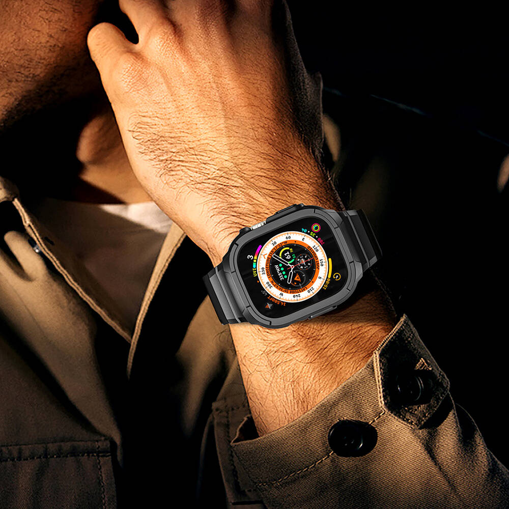 Apple Watch Ultra 49mm Wiwu Wi-WB014 Armor Serisi 2in1 Sert PC Kasa Koruyuculu Silikon Kordon Siyah