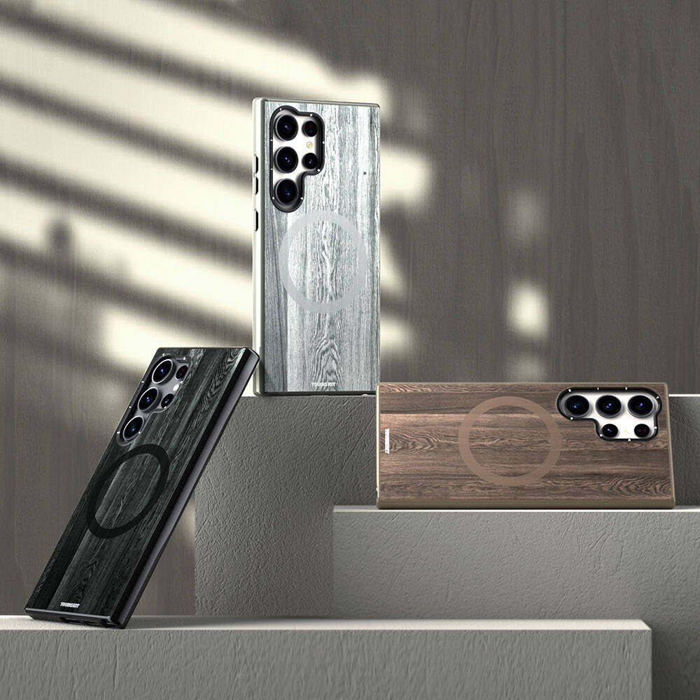 Galaxy S24 Ultra Kılıf Magsafe Şarj Özellikli Sararmaya Dayanıklı Youngkit Wood Forest Serisi Kapak Gri