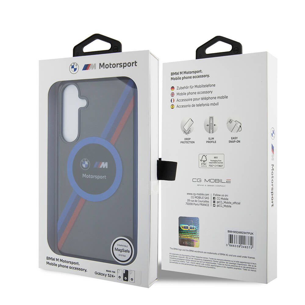 Galaxy S24 Plus Kılıf BMW Orjinal Lisanslı M Logolu Üç Renk Çizgili Motorsport Circle Kapak Siyah