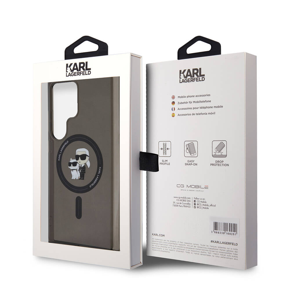 Galaxy S24 Ultra Kılıf Karl Lagerfeld Orjinal Lisanslı Magsafe Şarj Özellikli Karl & Choupette IML Baskılı Kapak Siyah