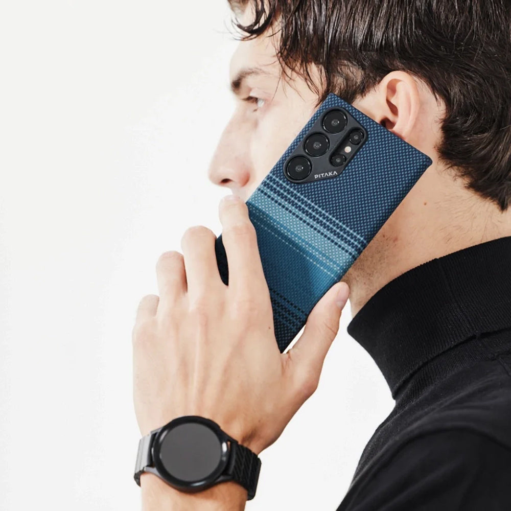 Galaxy S24 Ultra Kılıf Magsafe Şarj Özellikli Aramid Fiber Pitaka Tactile Woven Sunset-Moonrise Serisi Moonrise Kapak Mavi