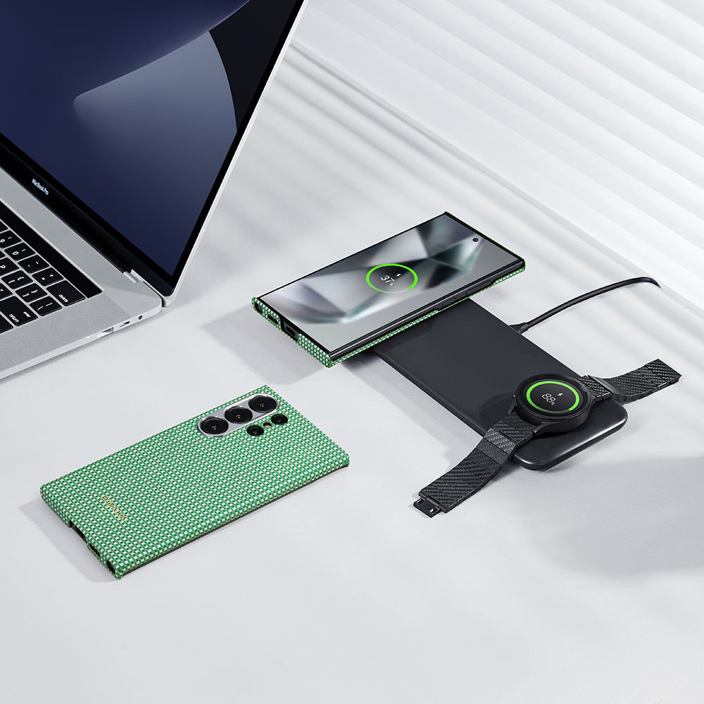 Galaxy S24 Ultra Kılıf Magsafe Şarj Özellikli 1500D Aramid Fiber Pitaka Ultra-Slim Classic Serisi Aomori Kapak Yeşil