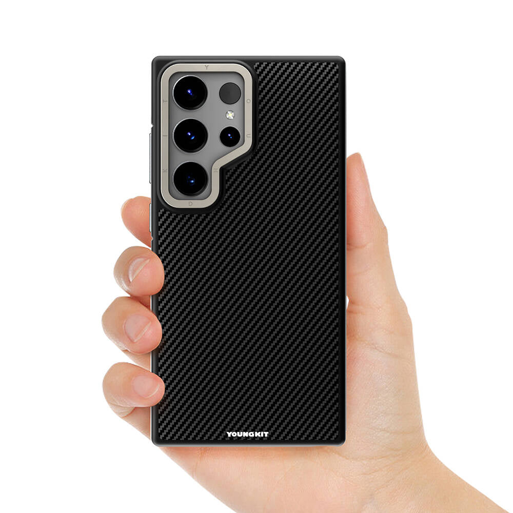 Galaxy S24 Ultra Kılıf Magsafe Şarj Özellikli Aramid Fiber Tasarımlı Youngkit 600D Kevlar Serisi Kapak Siyah