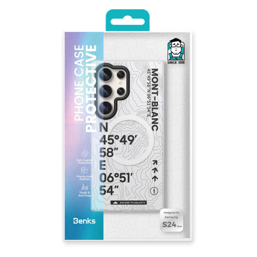 Galaxy S24 Ultra Kılıf Magsafe Şarj Özellikli Koordinat Yazı Desenli Benks Summit Serisi Kapak Beyaz
