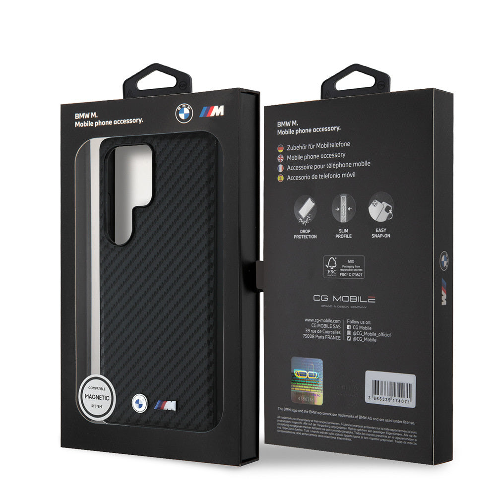 Galaxy S25 Ultra Kılıf BMW Orjinal Lisanslı M-safe Şarj Özellikli Karbon Fiber Görünümlü ve Metal Logolu PU Deri Kapak Siyah