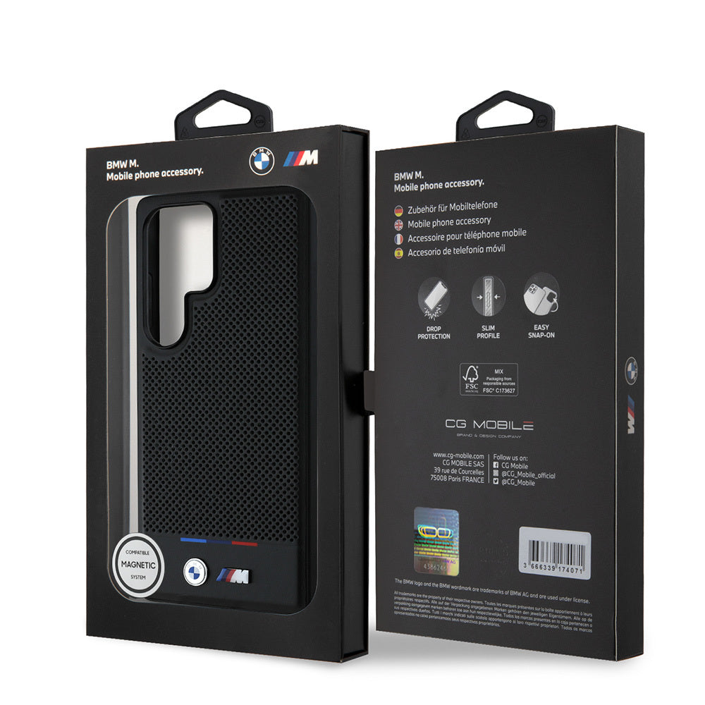 Galaxy S25 Ultra Kılıf BMW Orjinal Lisanslı M-safe Şarj Özellikli M Logolu Bottom Üç Çizgili Delikli PU Deri Kapak Siyah