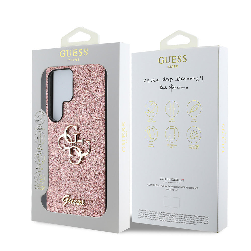 Galaxy S25 Ultra Kılıf Guess Orjinal Lisanslı 4G Büyük Metal Logolu Glitter Kapak Gold