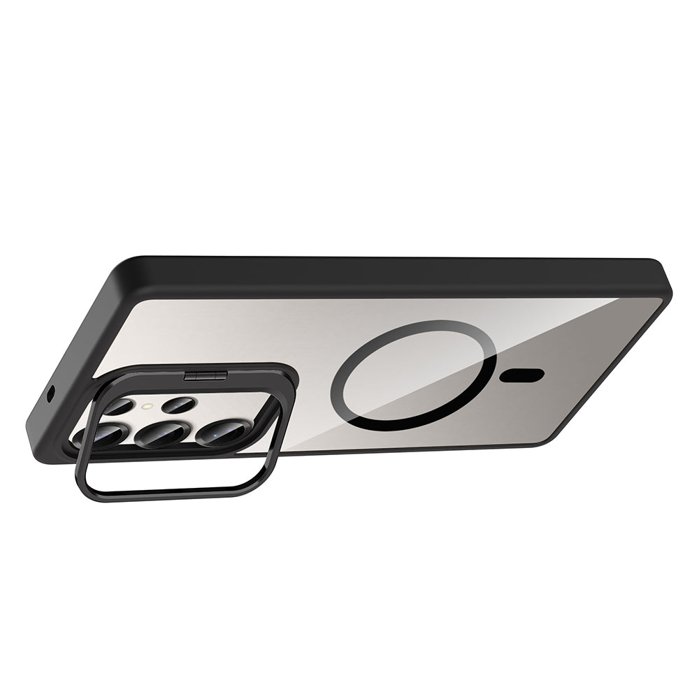 Galaxy S25 Ultra Kılıf Standlı ve Kamera Lens Hediyeli M-Safe Şarj Özellikli Zore Etro Kapak Gri