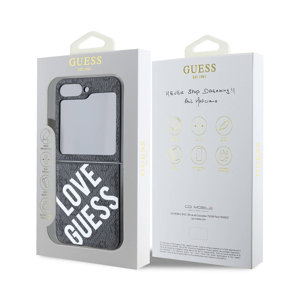 Galaxy Z Flip 6 Kılıf Guess Orjinal Lisanslı Magsafe Şarj Özellikli Love Guess Printing Kapak Siyah