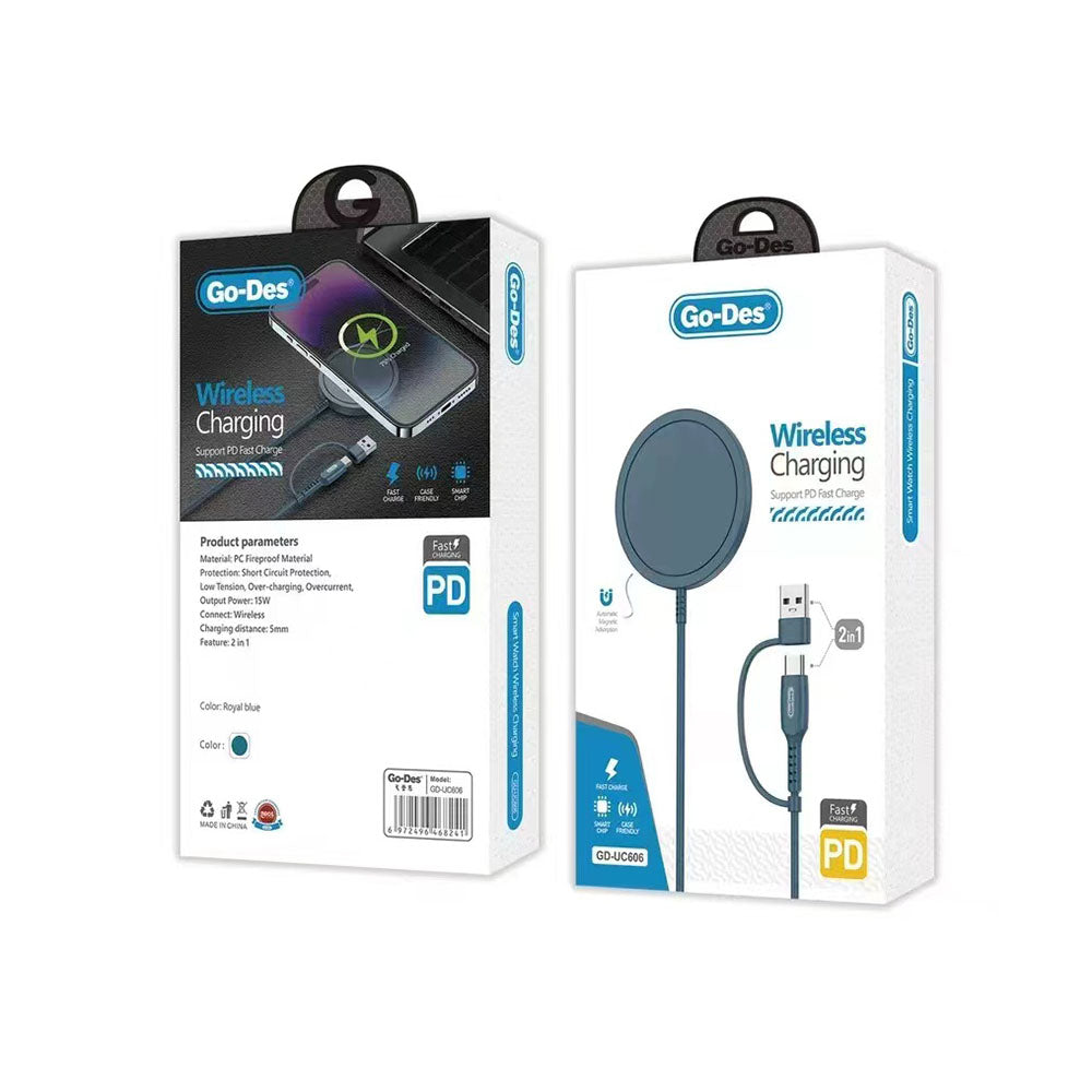 Go Des GD-UC606 2 in 1 Usb - PD Magsafe Wireless Şarj Aleti 15W Royal Mavi