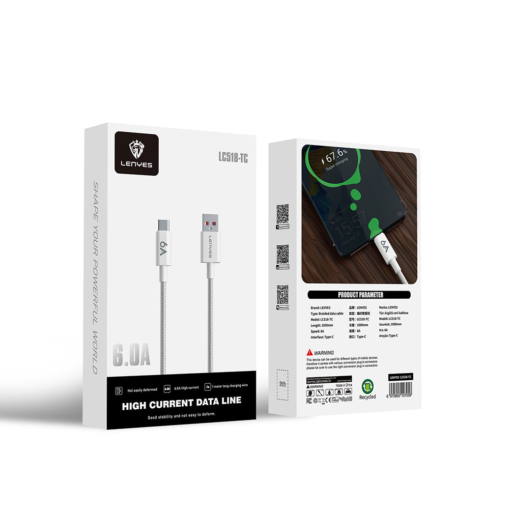 Lenyes LC518 USB-A to Type-C 6A Örgü Tasarımlı Hızlı Şarj Özellikli Data ve Şarj Kablosu 66W 1M Gri