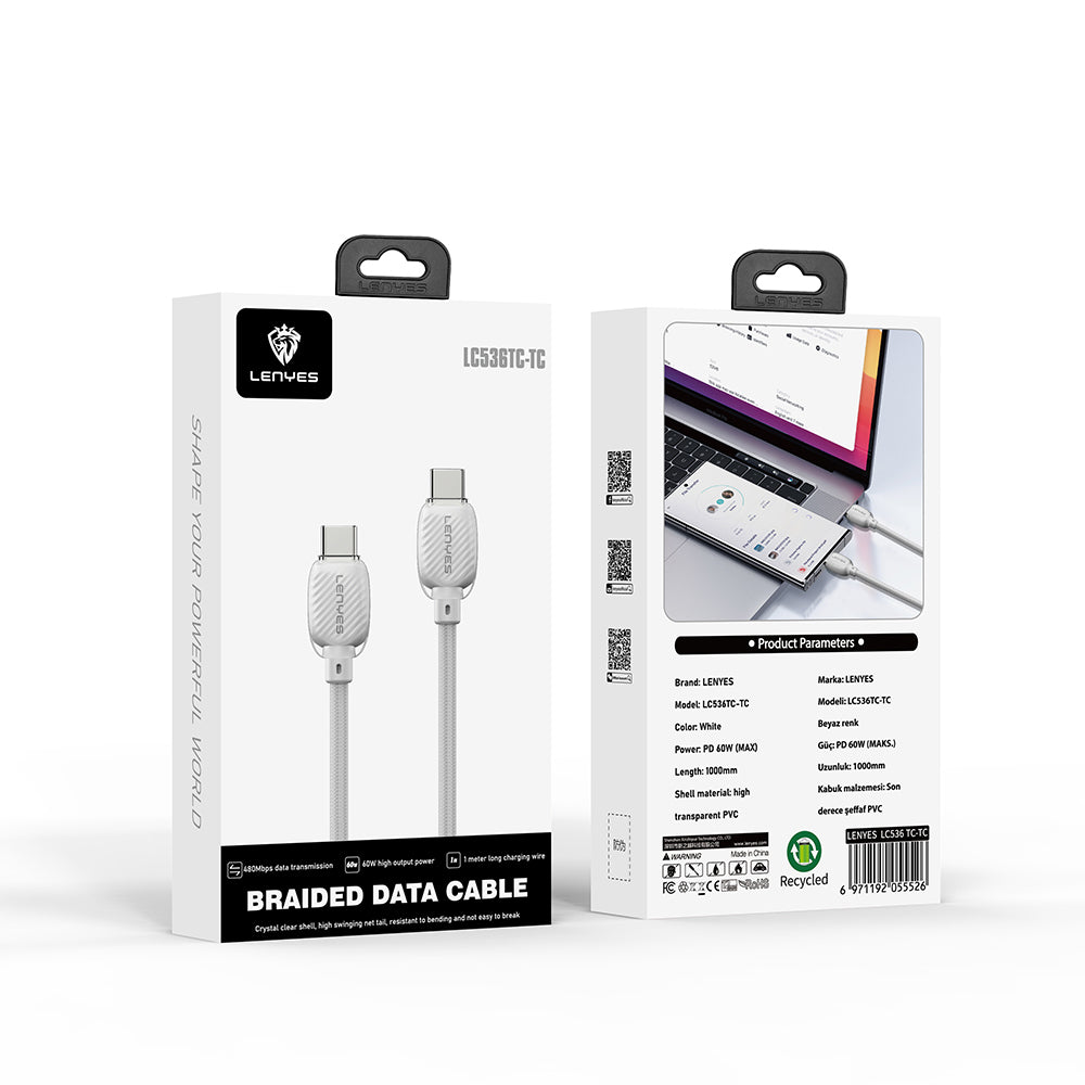 Lenyes LC536 Type-C to Type-C PD Örgü Tasarımlı Hızlı Şarj Özellikli Data ve Şarj Kablosu 60W 1M Beyaz