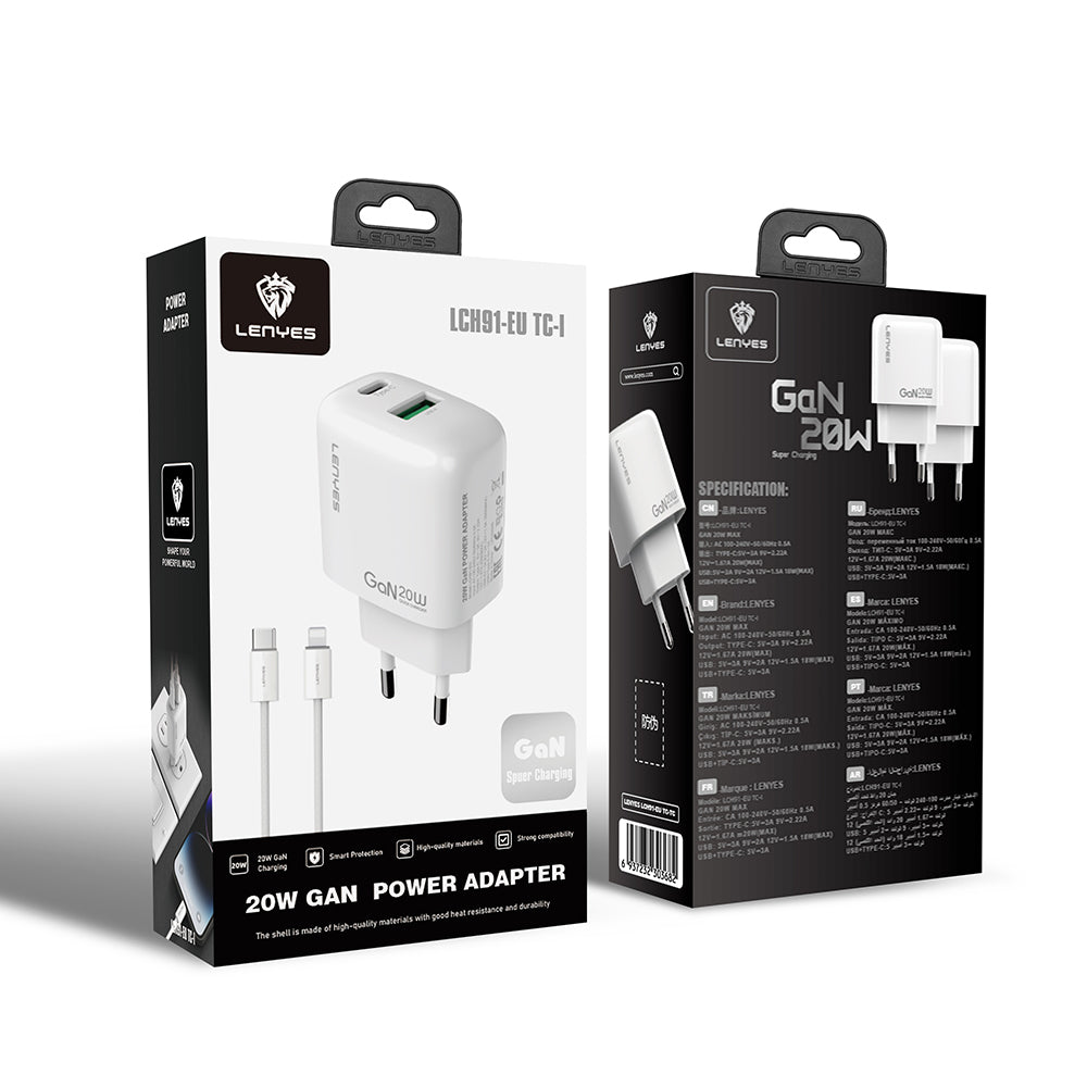 Lenyes LCH91-TC-L Type-C to Lightning GaN Teknolojili PD ve USB Hızlı Şarj Özellikli Şarj Seti 20W Beyaz