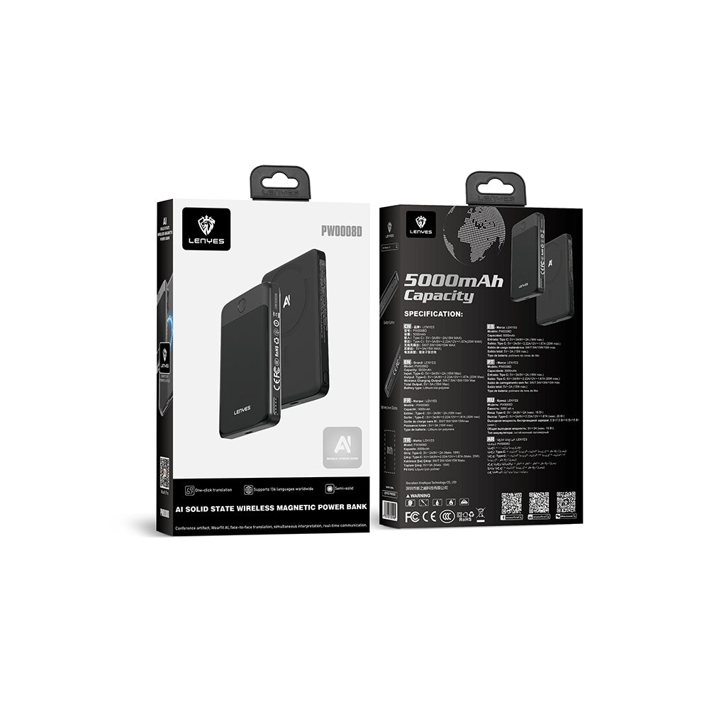 Lenyes PW0008D PD 20W LED Ekranlı Yapay Zeka Destekli Ultra İnce Wireless Powerbank 15W 5000mAh Siyah