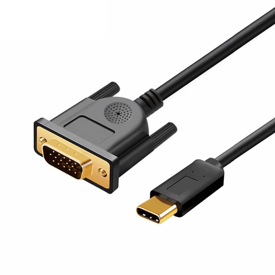 Qgeem QG-UA17 Type-C to VGA Adaptörü Yüksek Çözünürlüklü Dönüştürücü Kablo 1080p 60Hz 3 metre Siyah