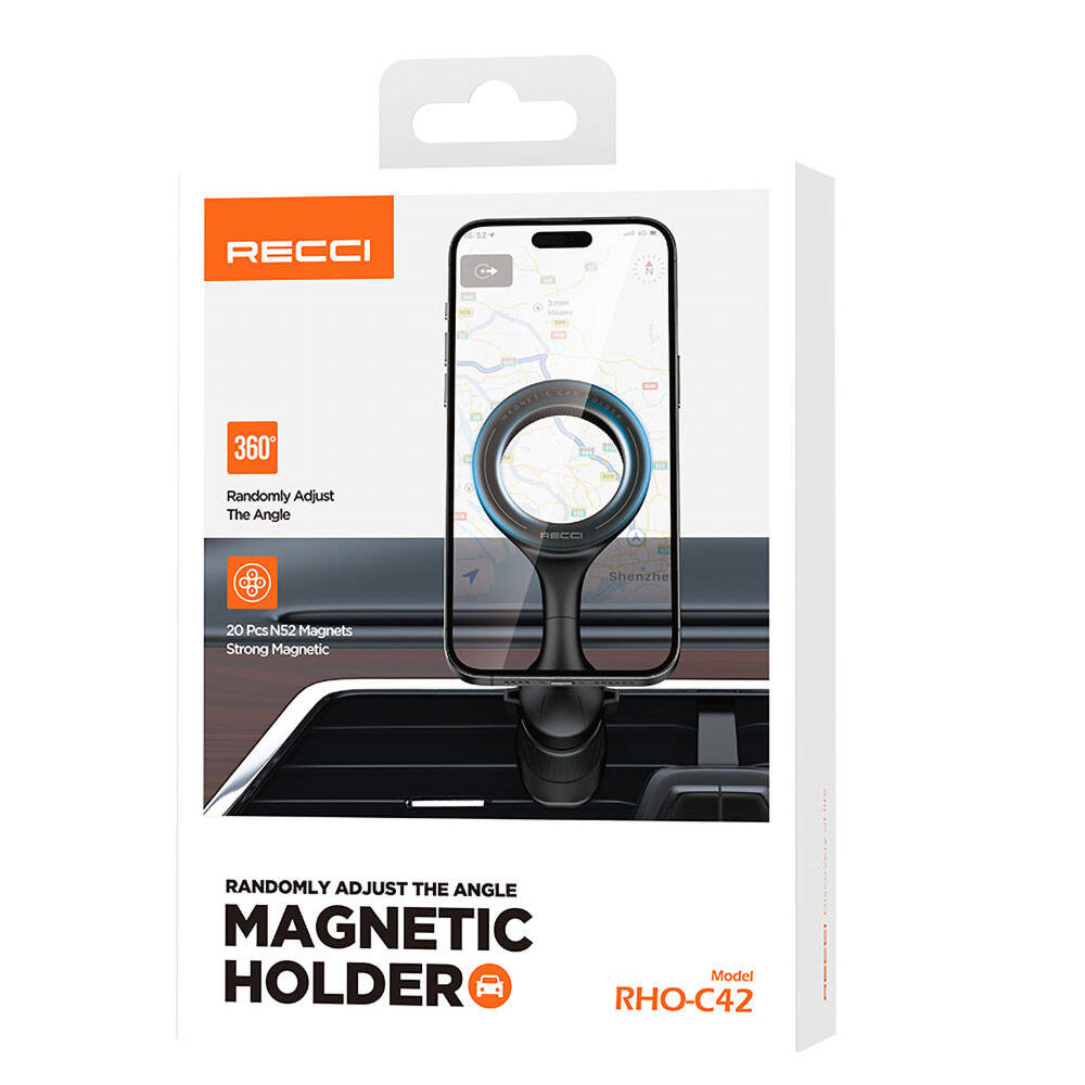 Recci RHO-C42 Magsafe Magnetik 360° Dönebilen Havalandırma Tasarım Araç Telefon Tutucu Siyah