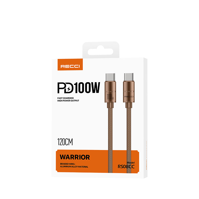 Recci RS08CC Warrior Serisi Type-C to Type-C 100W Hızlı Şarj Özellikli Data ve Şarj Kablosu 1.2M Desert Gold