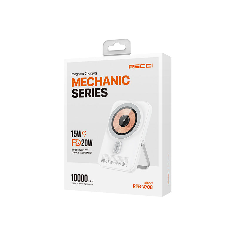 Recci W08 Metal Standlı 15W Magsafe Şarj Özellikli 20W PD Hızlı Şarj Powerbank 10000mAh Beyaz