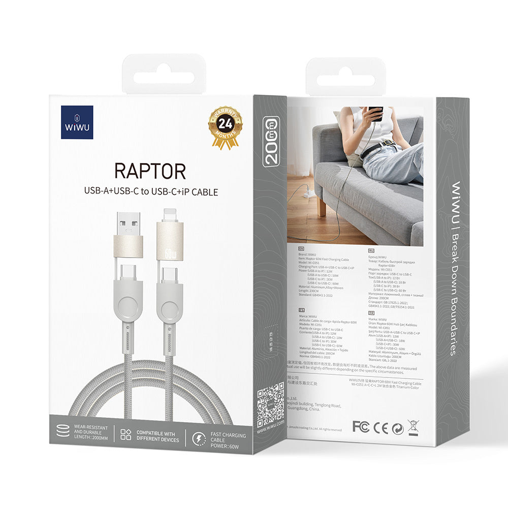 Wiwu 4in1 Raptor Serisi Çoklu USB-A + Type-C to Type-C + Lightning Şarj ve Data Kablosu 60W 200cm Titanyum