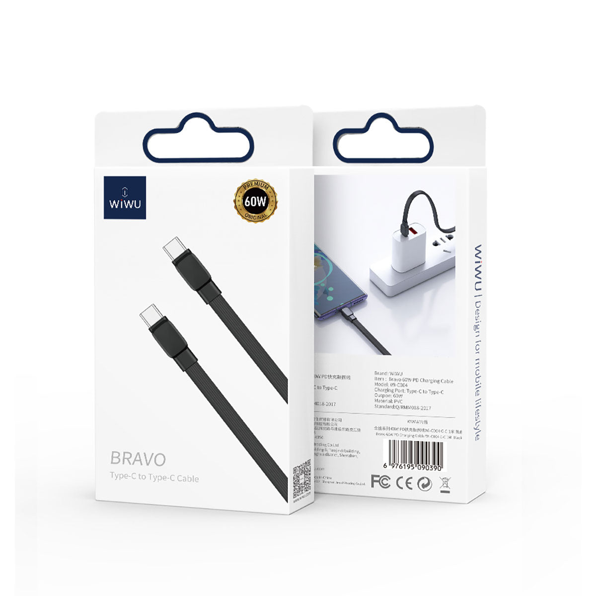Wiwu Bravo Wİ-C004 Yassı Tasarım 60W Hızlı Şarj Özellikli Type-C To Type-C PD Kablo 1M Beyaz