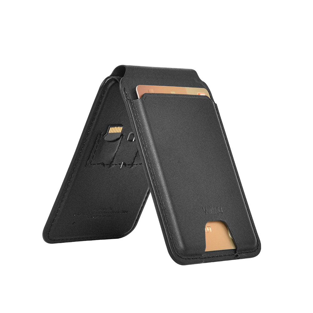 Wiwu MW-005 Magnetik Standlı Kartlık Qi Kablosuz Şarj Uyumlu FindMy Özellikli Mag Wallet Kahverengi