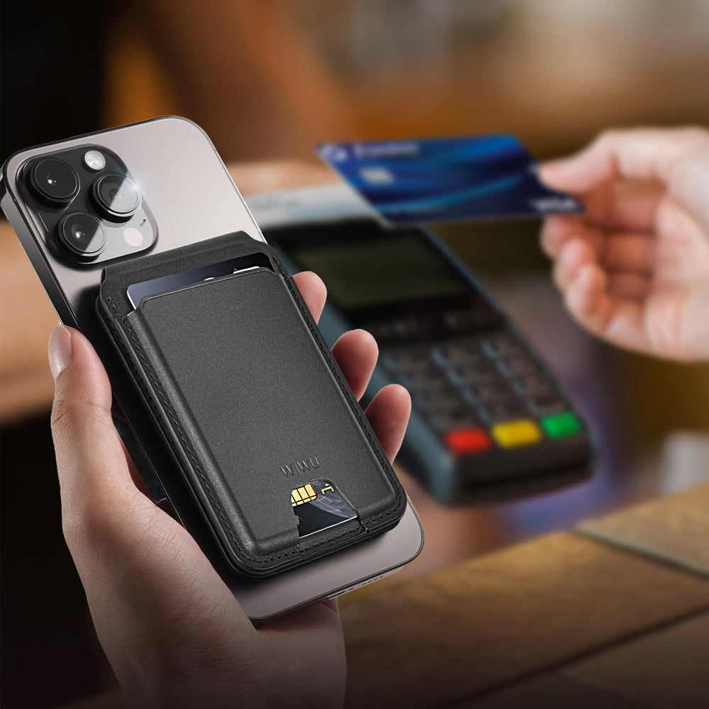 Wiwu MW-005 Magnetik Standlı Kartlık Qi Kablosuz Şarj Uyumlu FindMy Özellikli Mag Wallet Kahverengi