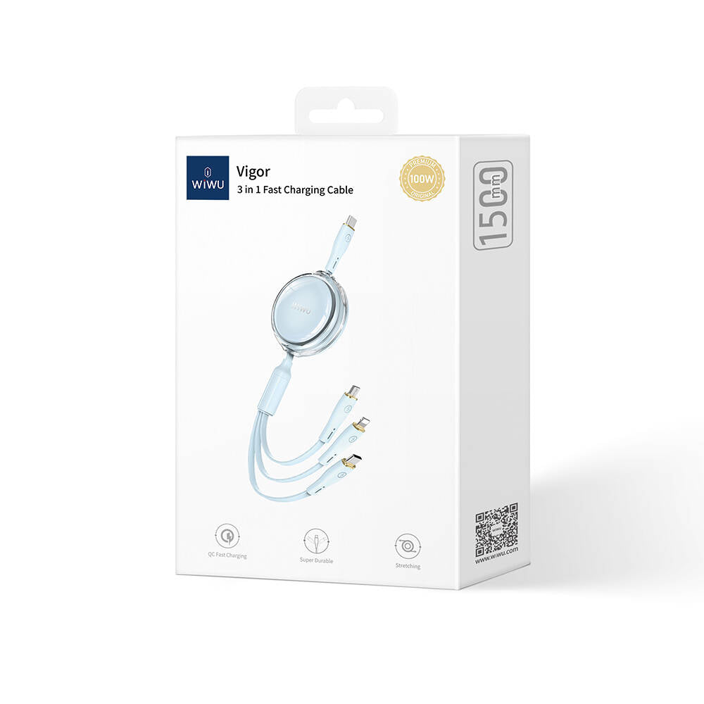 Wiwu Wi-C023 Vigor Serisi 3in1 Type-C Lightning Micro USB Makaralı Data ve Şarj Kablosu 100W 1.5M Beyaz