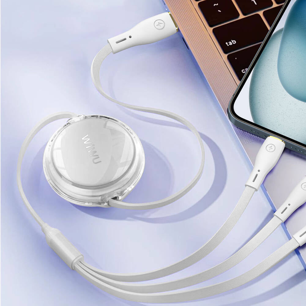 Wiwu Wi-C023 Vigor Serisi 3in1 Type-C Lightning Micro USB Makaralı Data ve Şarj Kablosu 100W 1.5M Beyaz