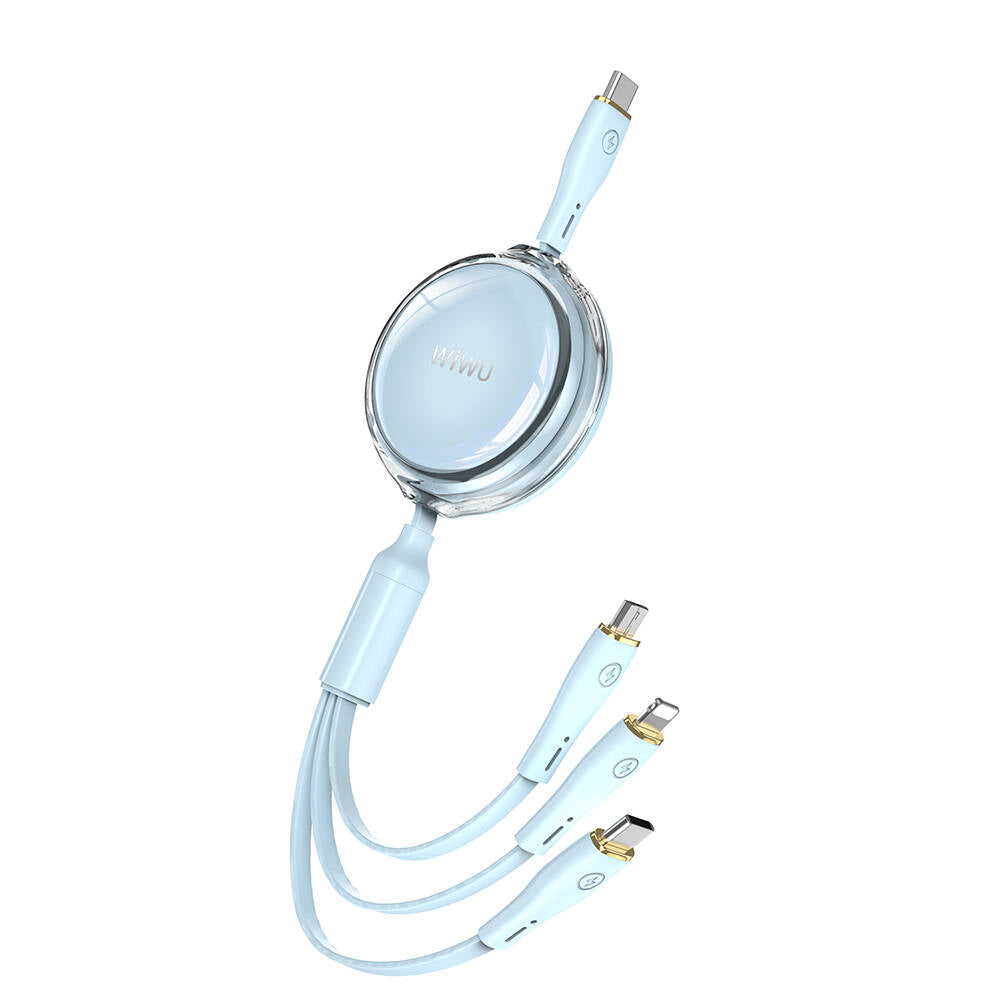 Wiwu Wi-C023 Vigor Serisi 3in1 Type-C Lightning Micro USB Makaralı Data ve Şarj Kablosu 100W 1.5M Mavi