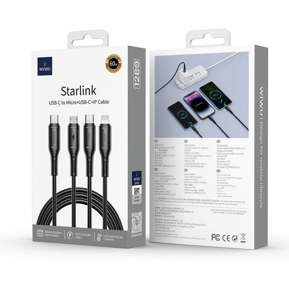 Wiwu Wi-C046E Starlink Serisi 3in1 USB-A to Lightning – Type-C – Micro Şarj ve Data Kablosu 60W 1.2M Siyah