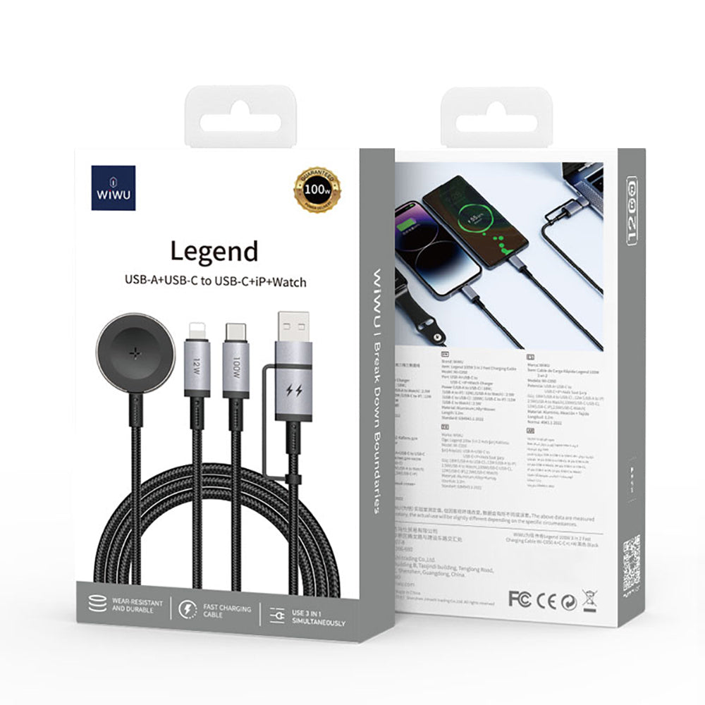 Wiwu Wi-C050 Legend Serisi 3in1 USB-A + Type-C to Lightning – Type-C – Akıllı Saat Şarj Kablosu 100W 1.2M Siyah