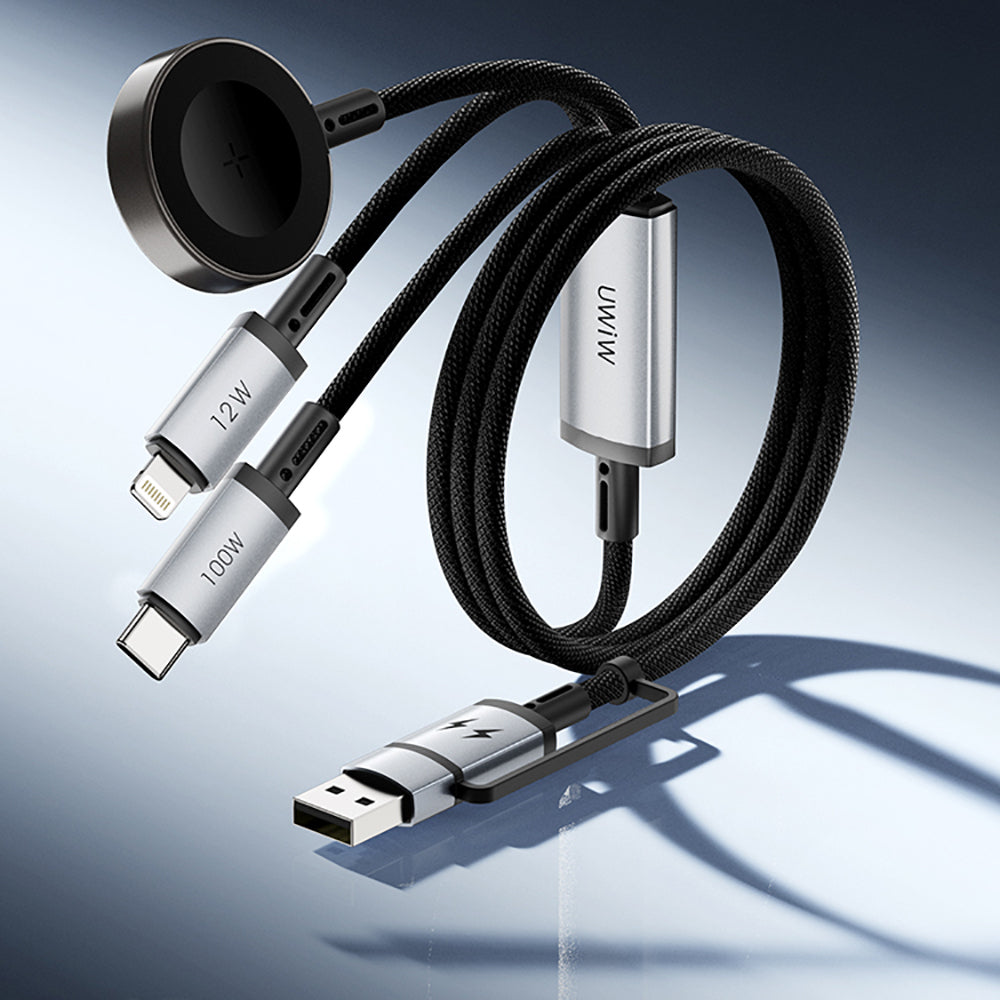 Wiwu Wi-C050 Legend Serisi 3in1 USB-A + Type-C to Lightning – Type-C – Akıllı Saat Şarj Kablosu 100W 1.2M Siyah