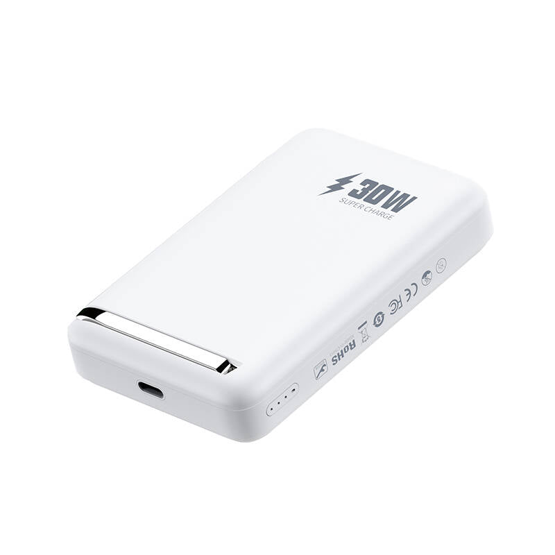 Wiwu Wi-P031 Qi2 Şarj Teknolojili LED Işık Göstergeli Standlı 30W Taşınabilir Magsafe Wireless Powerbank 10.000mAh Beyaz