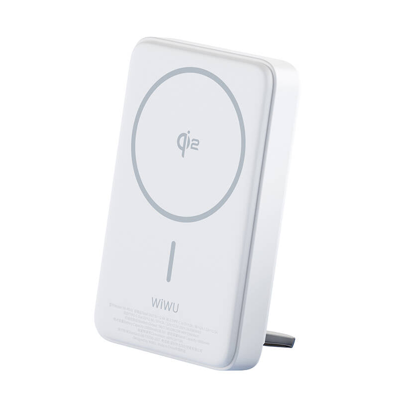 Wiwu Wi-P031 Qi2 Şarj Teknolojili LED Işık Göstergeli Standlı 30W Taşınabilir Magsafe Wireless Powerbank 10.000mAh Beyaz