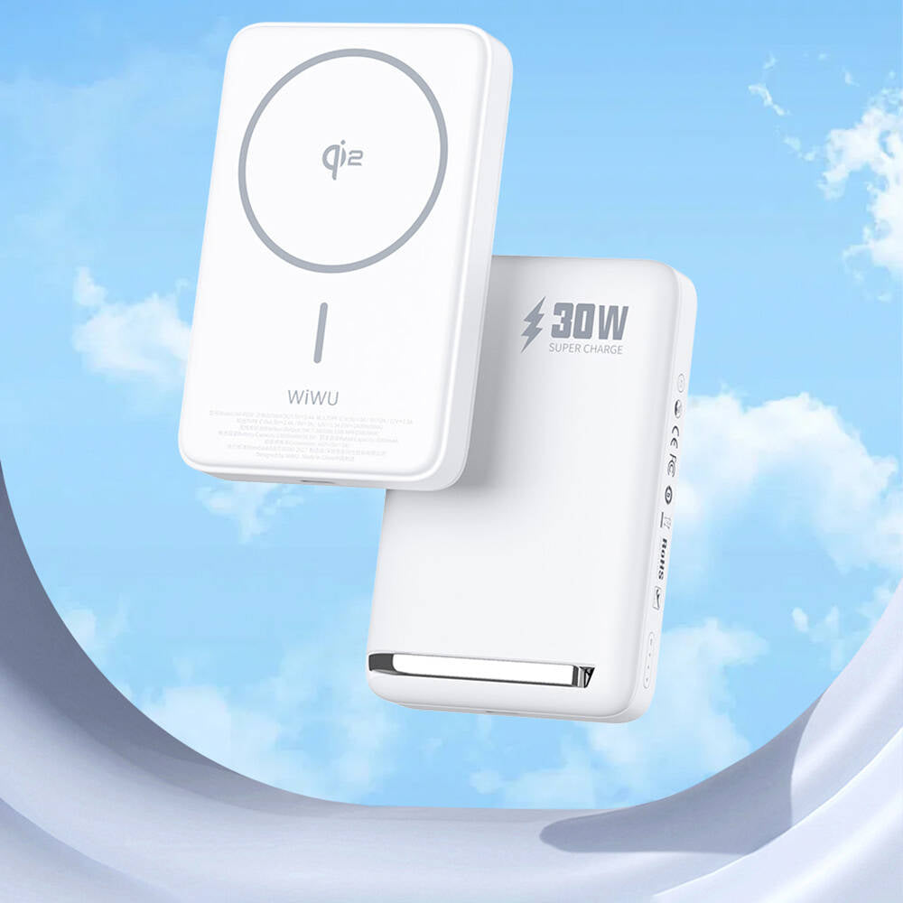 Wiwu Wi-P031 Qi2 Şarj Teknolojili LED Işık Göstergeli Standlı 30W Taşınabilir Magsafe Wireless Powerbank 10.000mAh Beyaz