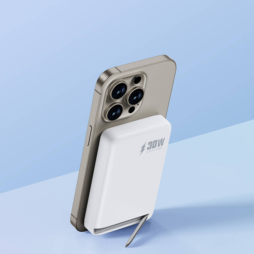 Wiwu Wi-P031 Qi2 Şarj Teknolojili LED Işık Göstergeli Standlı 30W Taşınabilir Magsafe Wireless Powerbank 10.000mAh Beyaz