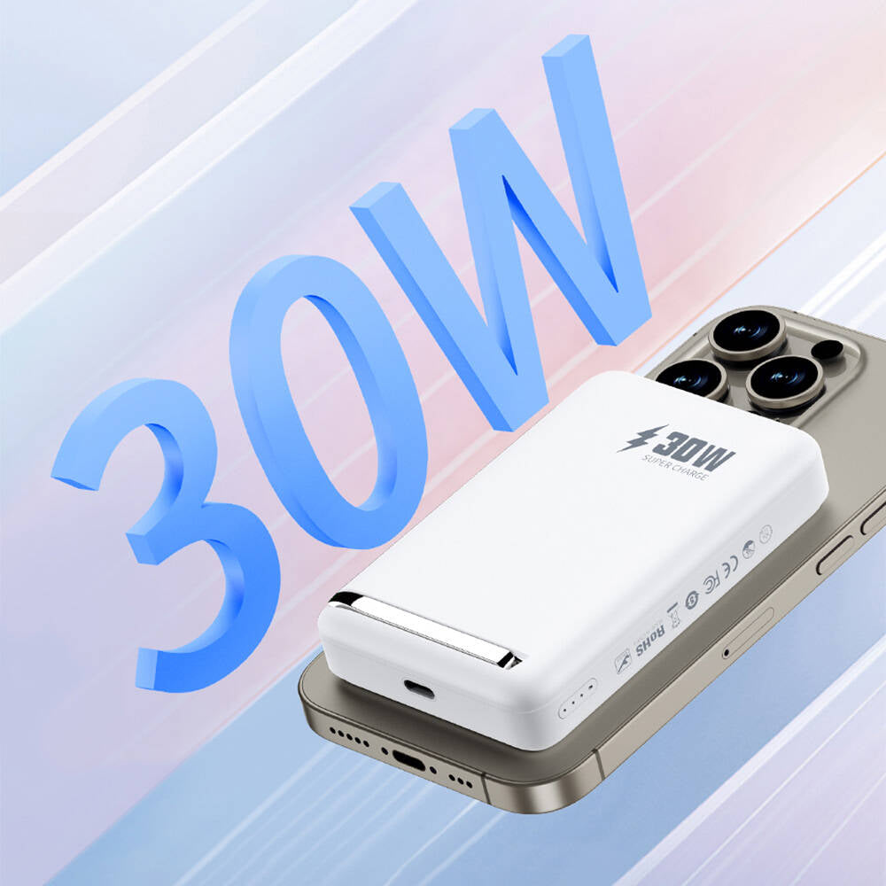 Wiwu Wi-P031 Qi2 Şarj Teknolojili LED Işık Göstergeli Standlı 30W Taşınabilir Magsafe Wireless Powerbank 10.000mAh Beyaz