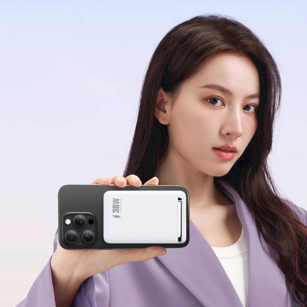 Wiwu Wi-P031 Qi2 Şarj Teknolojili LED Işık Göstergeli Standlı 30W Taşınabilir Magsafe Wireless Powerbank 10.000mAh Beyaz