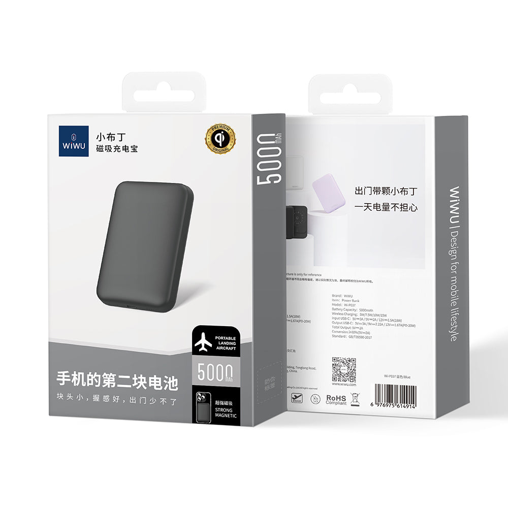 Wiwu Wi-P037 Qi Şarj Teknolojili LED Işık Göstergeli Magsafe Kablosuz Powerbank 5000mAh 15W Siyah