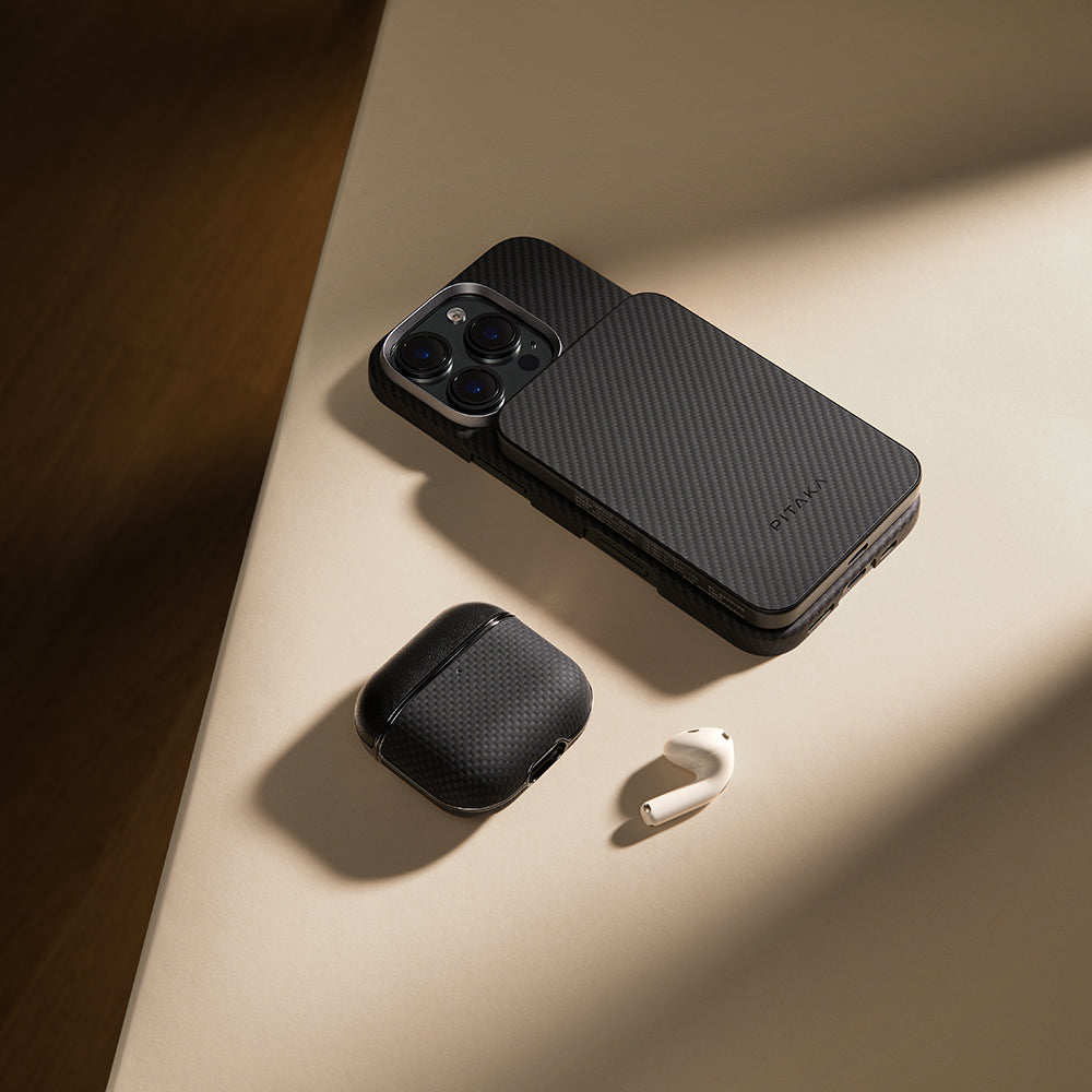 Apple Airpods 4 Kılıf 1500D Aramid Fiber Pitaka Ultra-Slim Classic Serisi Black-Grey Twill Kapak Siyah-Gri