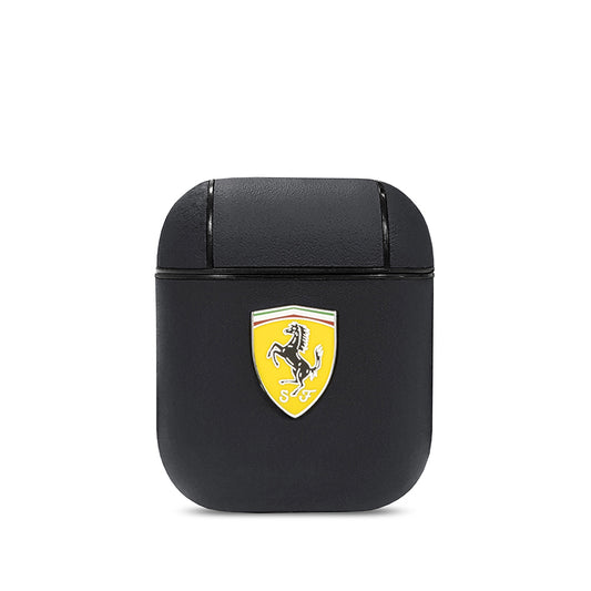 Apple Airpods Kılıf Ferrari Orjinal Lisanslı PU Deri Metal Logolu SF Arka Yüzey Yazılı Kapak Siyah