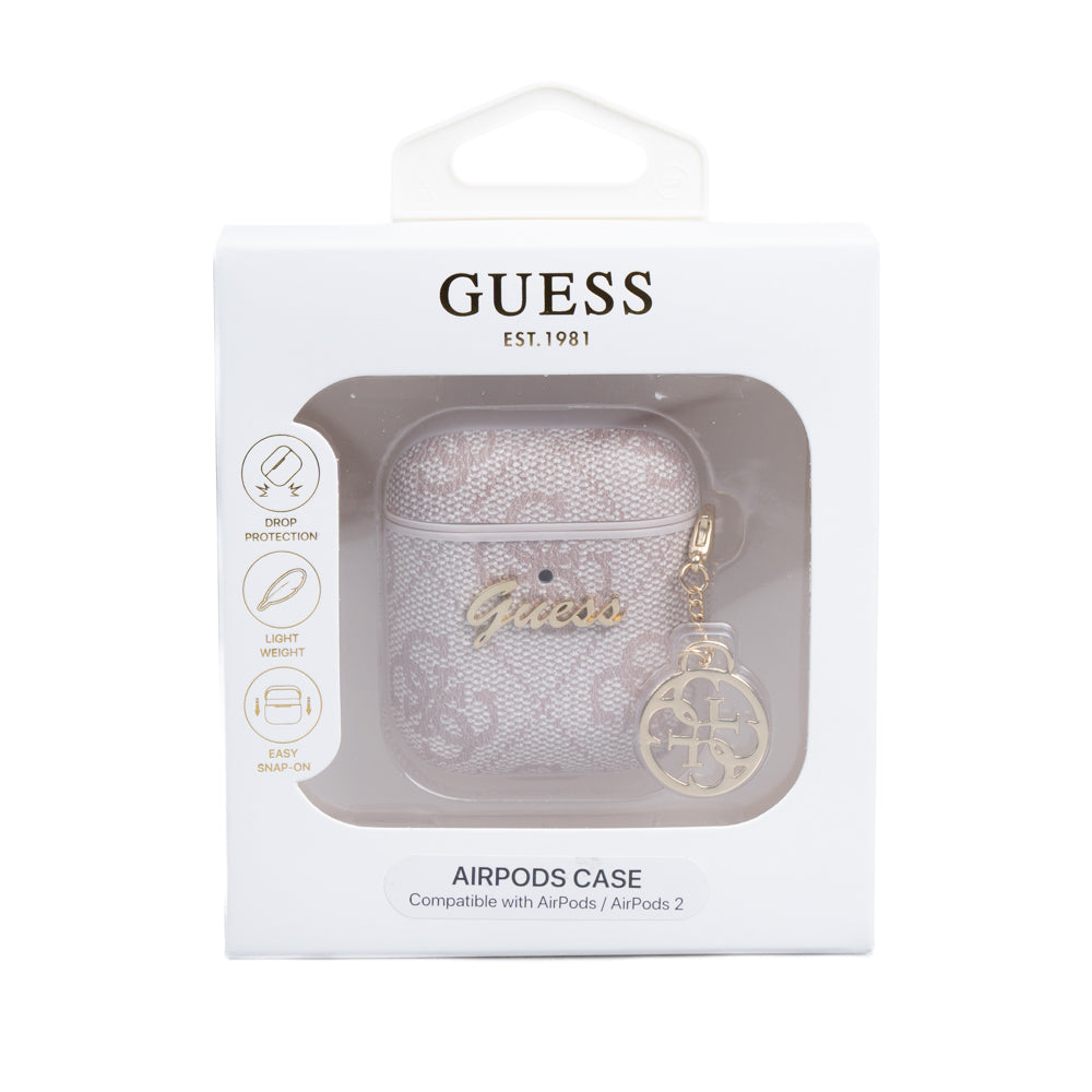 Apple Airpods Kılıf Guess Orjinal Lisanslı 4G Desenli Metal Script Logolu 4G Charm Sağdan Askılı PU Deri Kılıf Pembe