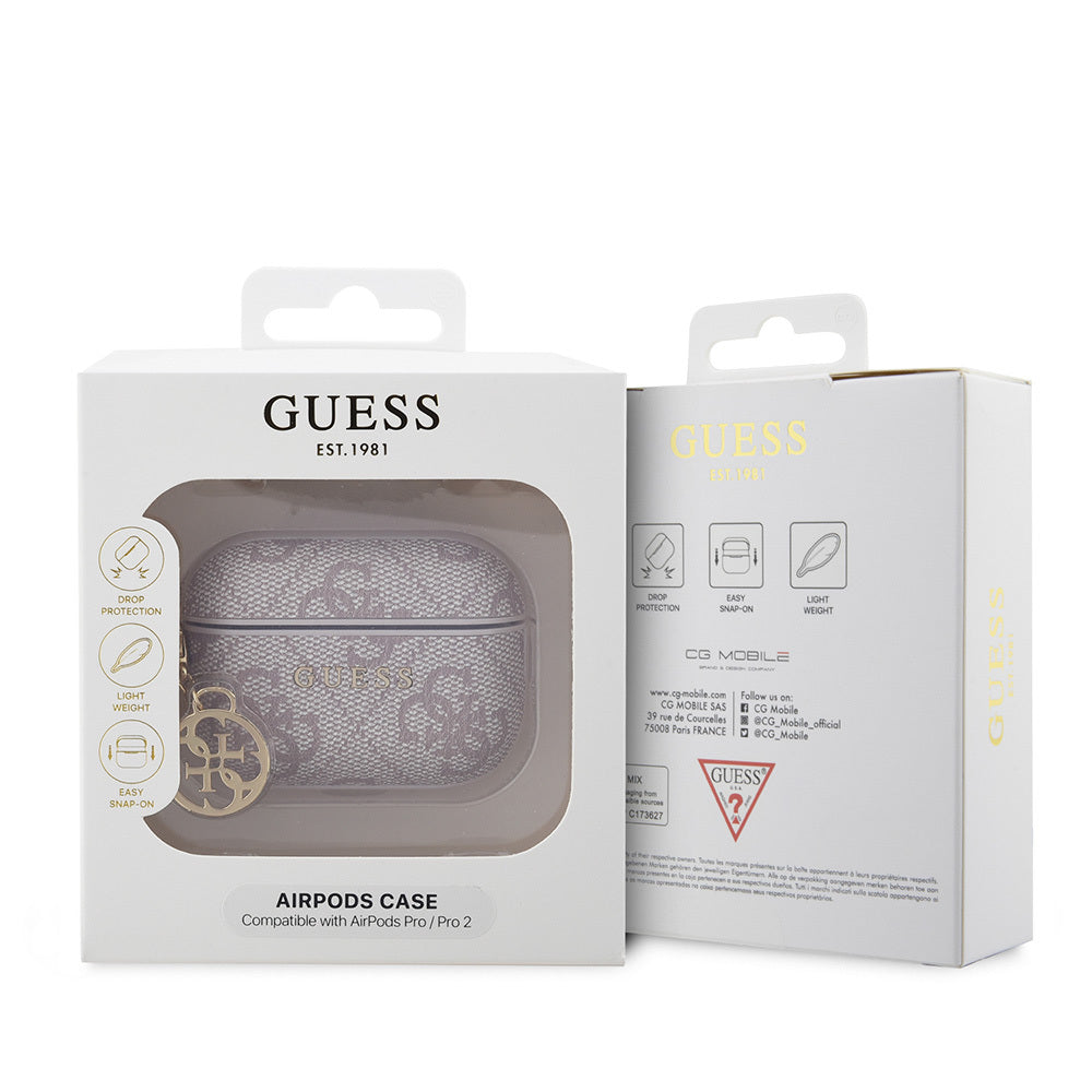 Apple Airpods Pro 2 Kılıf Guess Orjinal Lisanslı 4G Desenli Metal Klasik Logolu 4G Charm PU Deri Kılıf Mavi