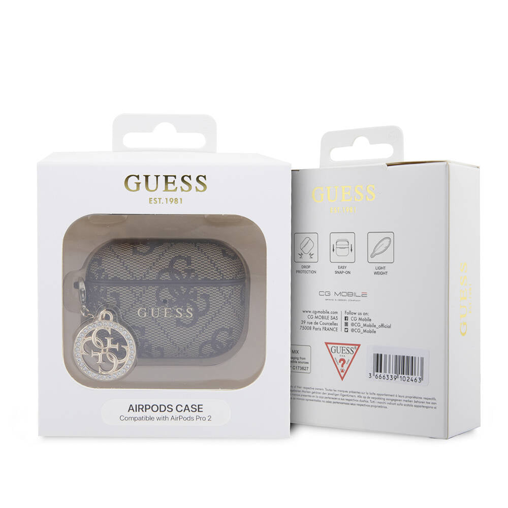 Apple Airpods Pro 2 Kılıf Guess Orjinal Lisanslı 4G Desenli Taşlı 4G Süs Zincirli Kapak Pembe