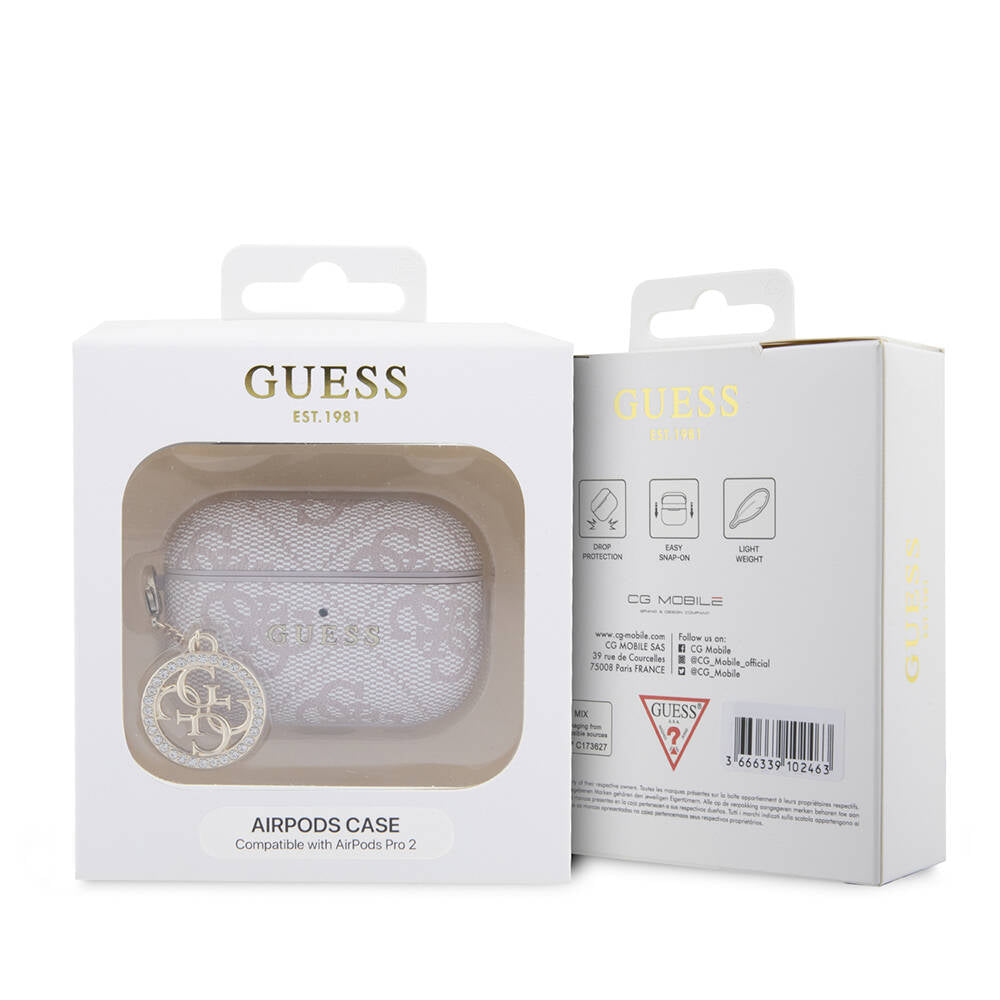 Apple Airpods Pro 2 Kılıf Guess Orjinal Lisanslı 4G Desenli Taşlı 4G Süs Zincirli Kapak Kahverengi